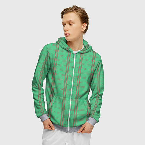Мужская толстовка на молнии Color green cage brown stripes / 3D-Меланж – фото 3