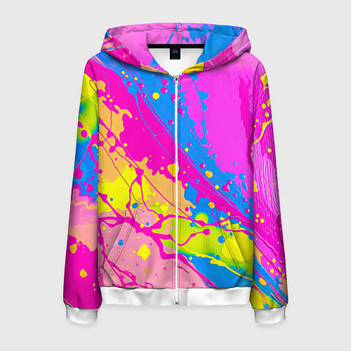 Мужская толстовка на молнии Яркая абстракция из розовых и голубых красок / 3D-Белый – фото 1
