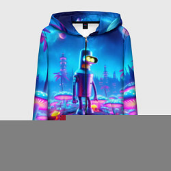 Толстовка 3D на молнии мужская Бендер на сказочной неоновой грибной планете - ней, цвет: 3D-синий