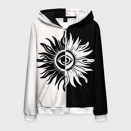 Мужская толстовка на молнии Солнце черно-белое / 3D-Белый – фото 1