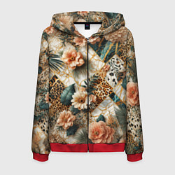 Мужская толстовка на молнии Цветы на кусках мрамора и леопардовом узоре