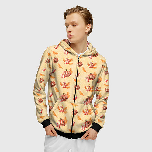 Мужская толстовка на молнии Хеллоуин с тыквой и листьями / 3D-Черный – фото 3