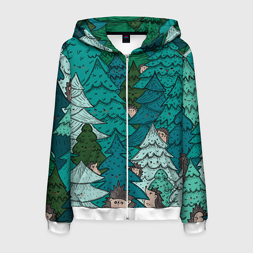 Мужская толстовка на молнии Ежи в еловом лесу / 3D-Белый – фото 1