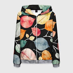 Толстовка 3D на молнии мужская Разноцветные акварельные листья на чёрном, AI, цвет: 3D-меланж