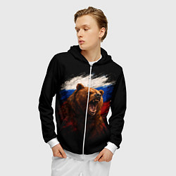 Толстовка 3D на молнии мужская Медведь на фоне триколора, цвет: 3D-белый — фото 2