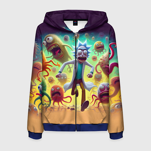 Мужская толстовка на молнии Рик Санчес убегает от монстров / 3D-Синий – фото 1