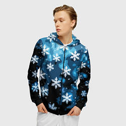 Толстовка 3D на молнии мужская Стилизованный паттерн со снежинками тёмно-синий, цвет: 3D-черный — фото 2