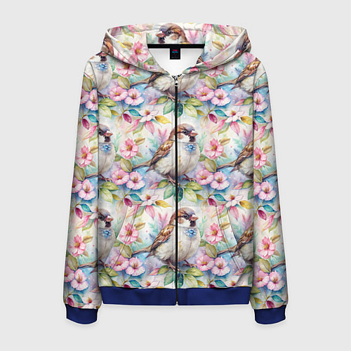 Мужская толстовка на молнии Воробей в ярких цветах паттерн / 3D-Синий – фото 1