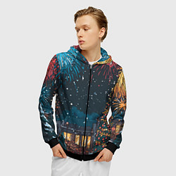 Толстовка 3D на молнии мужская Новогодний салют, цвет: 3D-черный — фото 2