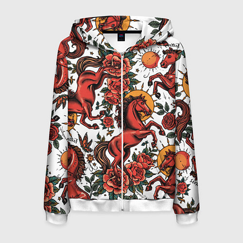 Мужская толстовка на молнии Красный конь в стиле татуировки / 3D-Белый – фото 1