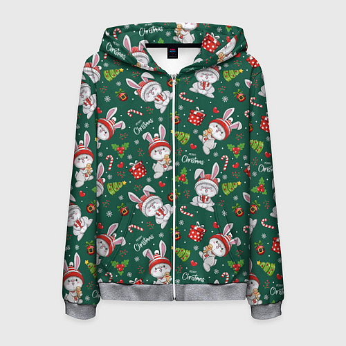 Мужская толстовка на молнии Новогодние зайчики / 3D-Меланж – фото 1