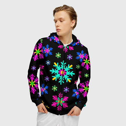 Мужская толстовка на молнии Снежинки ретро / 3D-Черный – фото 3