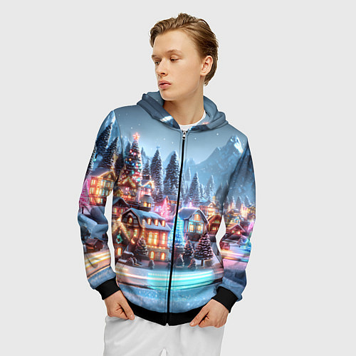 Мужская толстовка на молнии Городок в новогодних огоньках / 3D-Черный – фото 3
