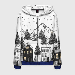 Толстовка 3D на молнии мужская Заснеженный черно-белый город, цвет: 3D-синий