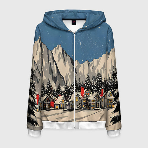 Мужская толстовка на молнии Небольшой новогодний город в горах / 3D-Белый – фото 1
