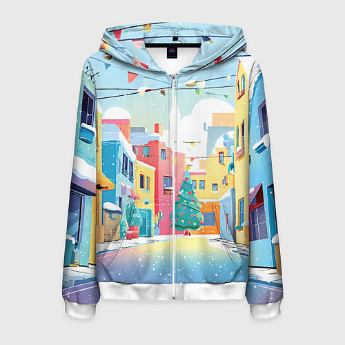 Мужская толстовка на молнии Разноцветный новогодний дворик / 3D-Белый – фото 1