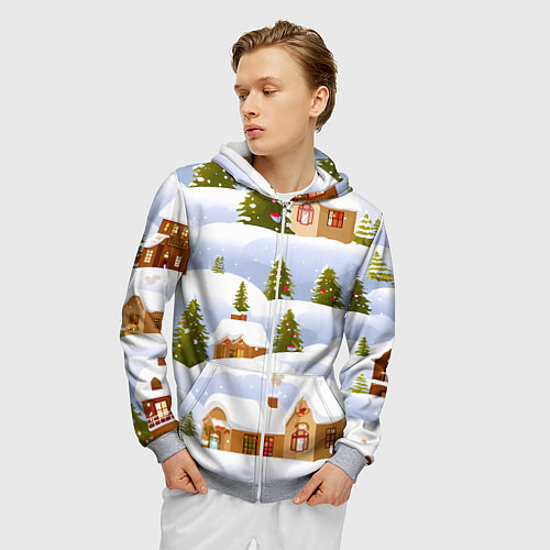 Мужская толстовка на молнии Новогодние домики и елочки / 3D-Меланж – фото 3