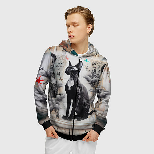 Мужская толстовка на молнии Кошка Корниш-рекс - ретро граффити / 3D-Черный – фото 3