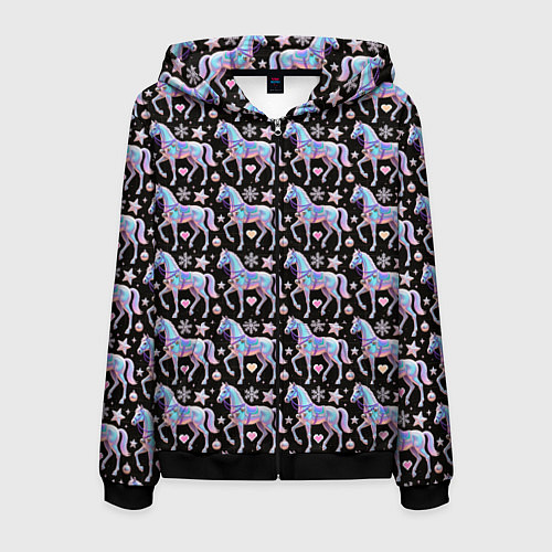 Мужская толстовка на молнии Новогодние лошади y2k / 3D-Черный – фото 1