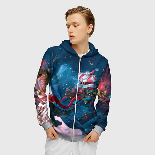 Мужская толстовка на молнии Санта с динозавром / 3D-Меланж – фото 3