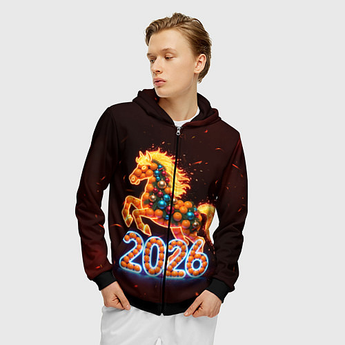 Мужская толстовка на молнии Праздничная лошадь / 3D-Черный – фото 3