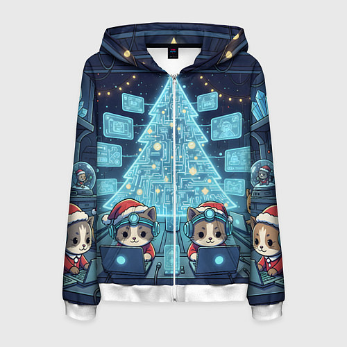Мужская толстовка на молнии Новогодние котики айтишники / 3D-Белый – фото 1