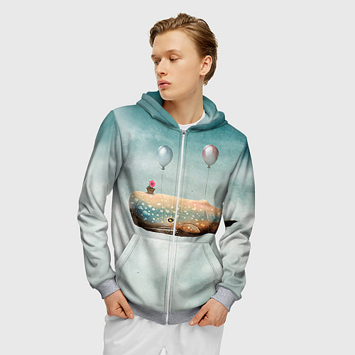 Мужская толстовка на молнии Летящий кит / 3D-Меланж – фото 3