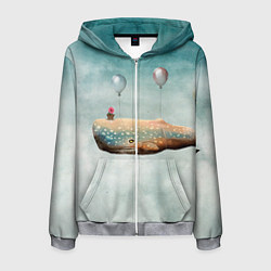 Толстовка 3D на молнии мужская Летящий кит, цвет: 3D-меланж