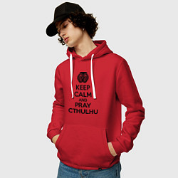 Толстовка-худи хлопковая мужская Keep Calm & Pray Cthulhu, цвет: красный — фото 2