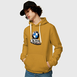 Толстовка-худи хлопковая мужская BMW оскал, цвет: горчичный — фото 2