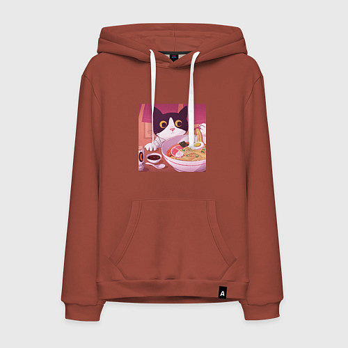 Мужская толстовка-худи Кот и лапша / Кирпичный – фото 1