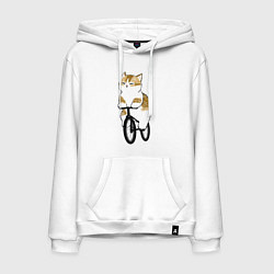 Толстовка-худи хлопковая мужская Котик на велосипеде, цвет: белый