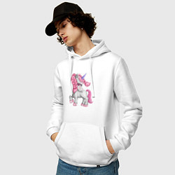 Толстовка-худи хлопковая мужская Единорог с розовой гривой, цвет: белый — фото 2