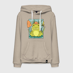 Толстовка-худи хлопковая мужская ЛЯГУШКА В ШЛЯПЕ, цвет: миндальный