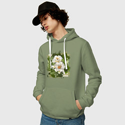 Толстовка-худи хлопковая мужская Нежные белые цветы на зелёном акварельном фоне, цвет: авокадо — фото 2