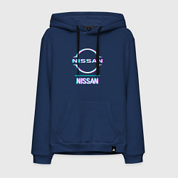 Толстовка-худи хлопковая мужская Значок Nissan в стиле glitch, цвет: тёмно-синий