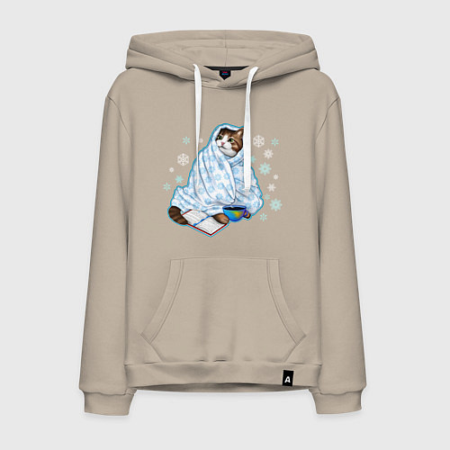 Мужская толстовка-худи Зимний кот в одеялке с книгой / Миндальный – фото 1