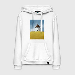 Толстовка-худи хлопковая мужская Ветряная мельница в поле, цвет: белый