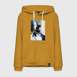 Толстовка-худи хлопковая мужская Кот-джентльмен - мем - нейросеть - акварель, цвет: горчичный