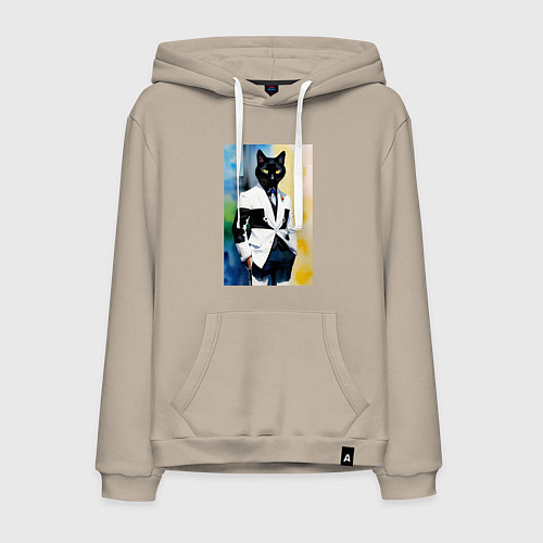 Мужская толстовка-худи Модный чёрный кот-джентльмен - мем / Миндальный – фото 1