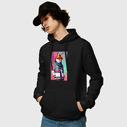 Толстовка-худи хлопковая мужская Крутой лис в модной куртке - нейросеть, цвет: черный — фото 2