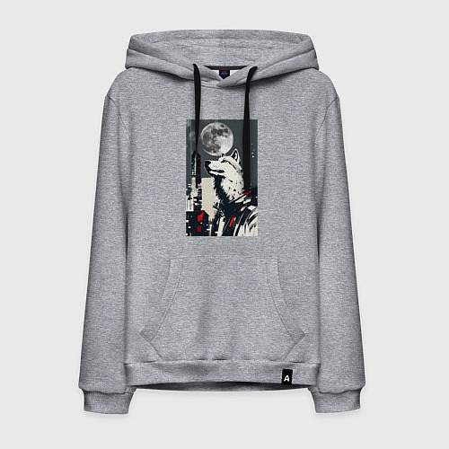 Мужская толстовка-худи Волк на фоне луны - мегаполис - нейросеть / Меланж – фото 1