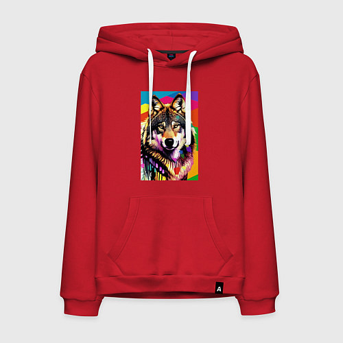Мужская толстовка-худи Красочный волк - поп-арт - нейросеть / Красный – фото 1