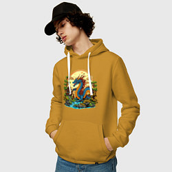 Толстовка-худи хлопковая мужская Синий дракон у реки, цвет: горчичный — фото 2