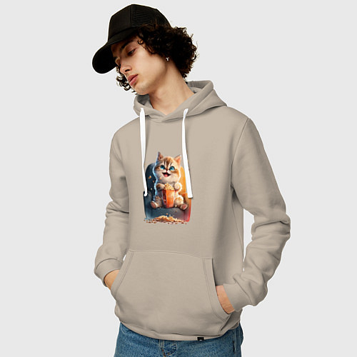 Мужская толстовка-худи Веселый котик с попкорном / Миндальный – фото 3
