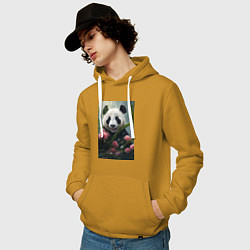 Толстовка-худи хлопковая мужская Панда в цветах под дождём - нейросеть, цвет: горчичный — фото 2