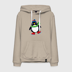 Толстовка-худи хлопковая мужская Пингвин на коньках, цвет: миндальный