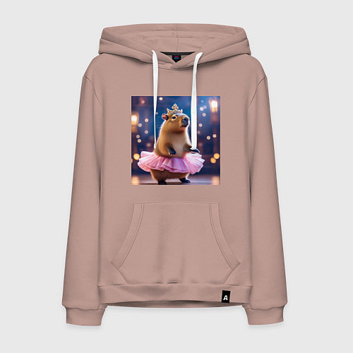 Мужская толстовка-худи Мем капибара балерина в розовой юбочке и короне / Пыльно-розовый – фото 1