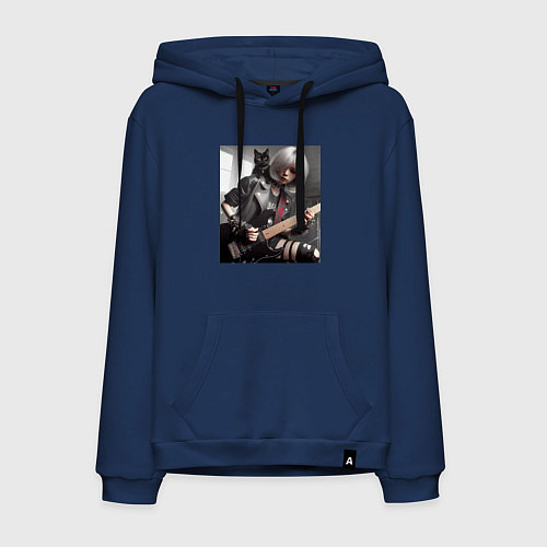 Мужская толстовка-худи Девчонка рок гитарист с чёрным котом / Тёмно-синий – фото 1