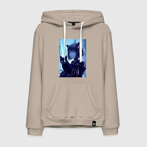 Мужская толстовка-худи Девчонка кошка с котёнком - нейросеть / Миндальный – фото 1